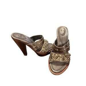 Frye Stone Studded Beaded Open Toe Wood Sole Platform Sandal Heel size 7